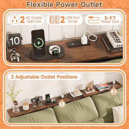 LIFECHOVY Narrow Console Table Behind the Couch with Power Outlets | Adjustable Height, 78.7" Long, 2 Pack, Fabric Storage, Sofa Table Behind Couch, For Living Room, Entryway, Rustic Brown