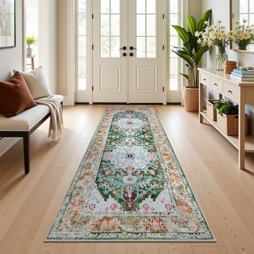 U'Artlines 3'x8' Boho Hallway Runner Rug Non Slip Washable Runners,Green | Vintage Farmhouse Kitchen Rug Accent Area Carpet for Entryway Laundry and Living Room - color: Green, size: 3' x 8' (Runner)