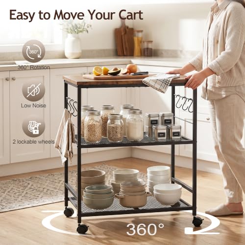3-Tier Rolling Kitchen Microwave Cart with Storage, Mobile Kitchen Utility Cart with 2 Lockable Wheels, Coffee Bar Table Station with 6 S-Shaped Hooks for Kitchen Island, Living Room, Rustic Brown