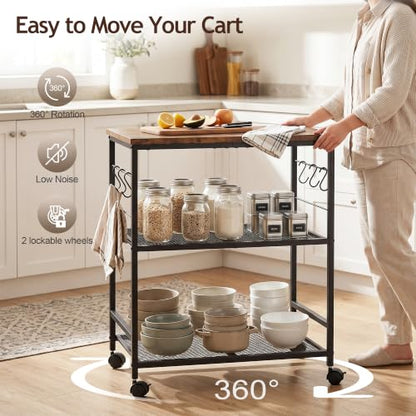 3-Tier Rolling Kitchen Microwave Cart with Storage, Mobile Kitchen Utility Cart with 2 Lockable Wheels, Coffee Bar Table Station with 6 S-Shaped Hooks for Kitchen Island, Living Room, Rustic Brown