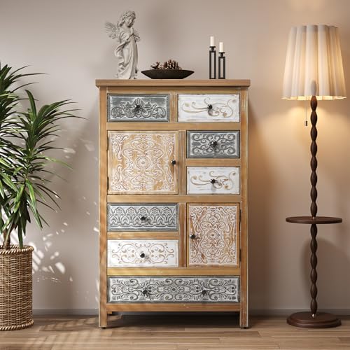Vintage Carved Accent Cabinet with 7 Drawers, Solid Wood Storage Sideboard for Living Room, Dining Room & Hallway, 47.44" Tall - color: Vintage Carved Wood