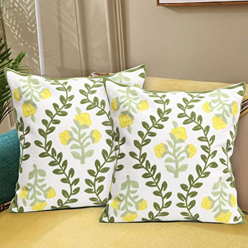 Set of 2 Embroidered Decorative Throw Pillow Covers Couch Square Pillowcases Cushion for Bedroom Sofa Farmhouse Decor 18x18 Inch (Yellow Floral) - color: Yellow Floral