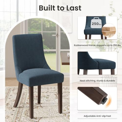 MALOL Wooden Dining Chairs Set of 2, Upholstered Kitchen & Dining Room Chairs with Solid Wood Legs Curved Backrest Farmhouse Accent Chair for Dining/Kitchen/Living Room, Blue - color: Blue, size: Set of 2