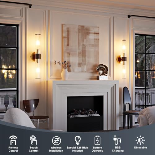 Morauroral Gold Walnut Battery Operated Wall Sconces Set of 2, Rechargeable Wall Lights with Remote, 20 Inch Modern Wireless Wall Lamp for Bedroom, Living Room (Bulbs Included) - color: Gold Walnut