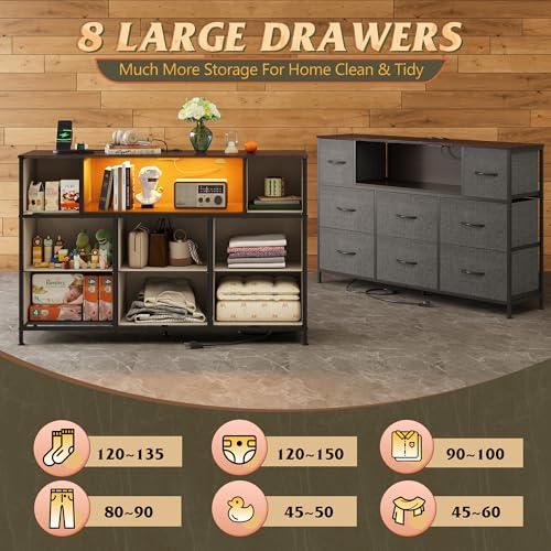 WLIVE LED Dresser TV Stand for 55 Inch TV, 8 Drawers, Dark Grey | Fits TVs up to 55 inch, 8 fabric drawers, LED chest of drawers, Built-in power outlet, Living room or bedroom - color: Dark Gray