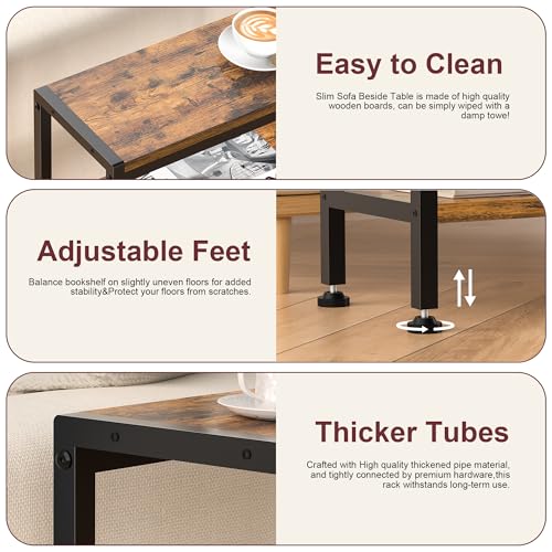 Narrow Side Table set of 2 for Small Space, 3 Tier Slim End Table, Thin Nightstand, Skinny Snack Couch Table, Sofa bedside Table in Living Room, Bedroom, Study, kitchen and Balcony (Rustic Brown) - color: Rustic Brown, size: 3-Tier (7.9''D*17''W*26.6''H)