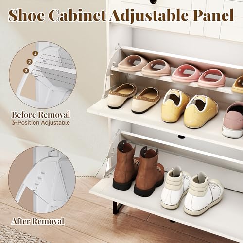 Shoe Cabinet with 2 Flip Drawers Freestanding Shoe Organizer with 2 Fabric Drawers Farmhouse Flip Shoe Storage Cabinet Narrow Shoe Rack Cabinet for Entryway, Hallway, Living Room, White