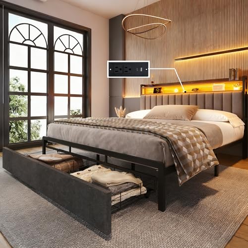Ailisite Upholstered Queen Size Bed Frame with 2-Tier Headboard and Storage Drawers, Modern Platform Bed Frame with Chargin Station and LED Light, Heavy Duty Metal Bed Frame, No Box Spring Needed,Grey - color: Dark Grey, size: Queen