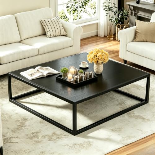 31.5" Square Coffee Table, Mid-Century Modern Black Center Table for Living Room, Floor Table for Sitting on The Floor, Wood Cocktail Tea Contemporary Tables with Metal Frame for Office Apartment Home - color: 31.5"d Square Black