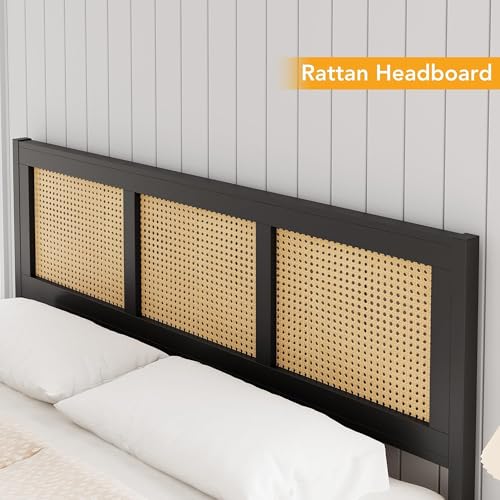GarveeHome Rattan Queen Size Bed Frame with Headboard, Black | Boho Bed Frame with Strong Metal Slat, Noise Free, No Box Spring Needed - color: Black, size: Queen (No Drawers)