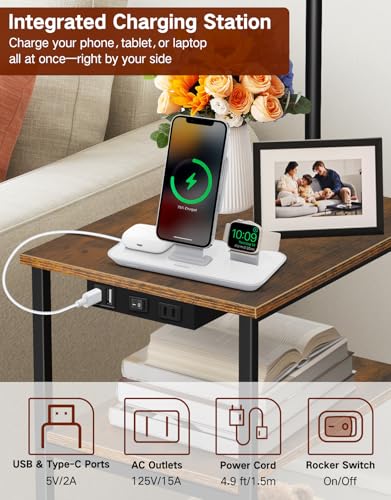 Floor Lamp with Table & Remote, Side End Table with Charging Station, Dimmable Nightstand with 3 Color Temperatures, 1-Hour Timer, 12W LED Bulb, for Living Room, Bedroom - color: Rustic Brown