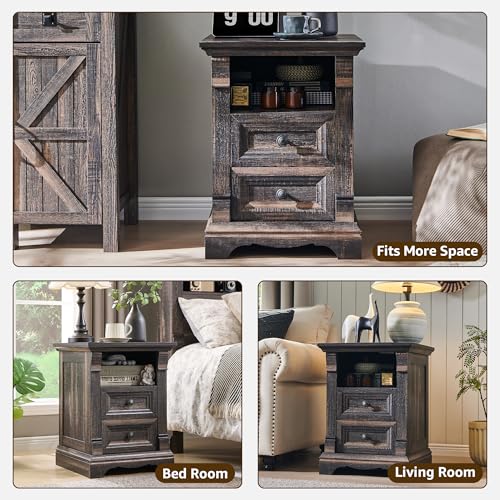 Farmhouse Nightstand Set of 2, 18" Sofa Side Table with Charging Station | Wood End Table w/Roman Column, Bedside Cabinet for Bedroom, Living Room, Dark Rustic Oak - color: Dark Rustic Oak, size: 18"D x 18"W x 24"H