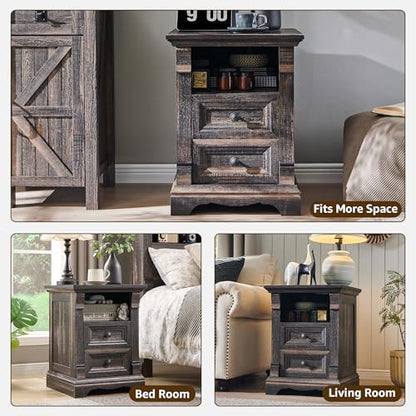 Farmhouse Nightstand Set of 2, 18" Sofa Side Table with Charging Station | Wood End Table w/Roman Column, Bedside Cabinet for Bedroom, Living Room, Dark Rustic Oak - color: Dark Rustic Oak, size: 18"D x 18"W x 24"H