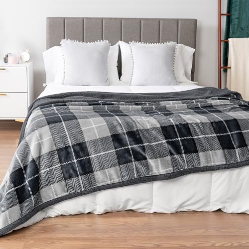 PAVILIA Twin Plaid Sherpa Throw Blanket for Couch Sofa Bed Dark Grey, 60x80 | GSM 460; Soft Plush Flannel Fleece; Warm&Cozy for Home; Machine Washable, Perfect Cabin Decor Winter Holiday Christmas Gift - color: Plaid Charcoal, size: 60 x 80 Inches