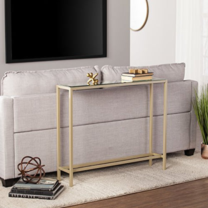 SEI Furniture Darrin Narrow Mini Console Table With Mirrored Top, Transitional Style With Glam Touch Powder-Coated Iron, Gold - size: 36"