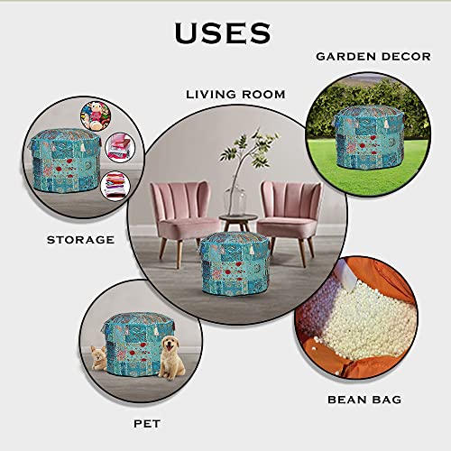 Indian Pouf Footstool Ethnic Embroidered Pouf Cover, Indian Cotton Round Pouffe Ottoman - Cover Only (Turquoise, 22x14) - color: Turquoise, size: 13"D x 13"W x 18"H