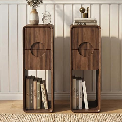 Narrow Walnut Nightstand Set of 2, Small Bedside Table with Circular Drawer, Mid Century Modern Night Stand, Slim Side End Table, Bedroom, Living Room, Wood, Skinny