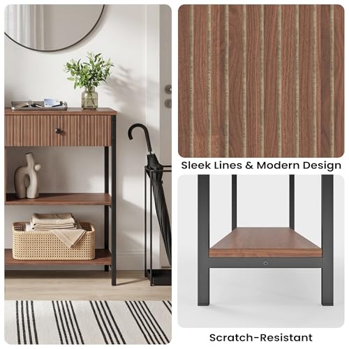 Manora Fluted Console Table with Wooden Drawers, Slim Entryway Table with Open Shelf, Tall Thin Side Table for Couch, Small Sofa Side Table for Hall, Hallway, Bedroom, Living Room, Foyer, Walnut