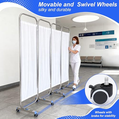 Movable Medical Privacy Screen with Wheels 71x79 inch Portable 4-Panel Medical Room Divider Stainless Steel Contruction Folding Medical Privacy Screens for Hospital Nursing Privacy Screen