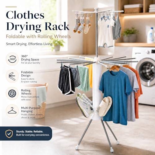 Clothes Drying Rack Foldable with Rolling Wheels, Portable Laundry Drying Rack with 16 Aluminum Arms, Stable 4-Leg Base, 360° Rotating Design for Indoor Outdoor (Double-Tier with Shoe Rack) - size: 2-Tier