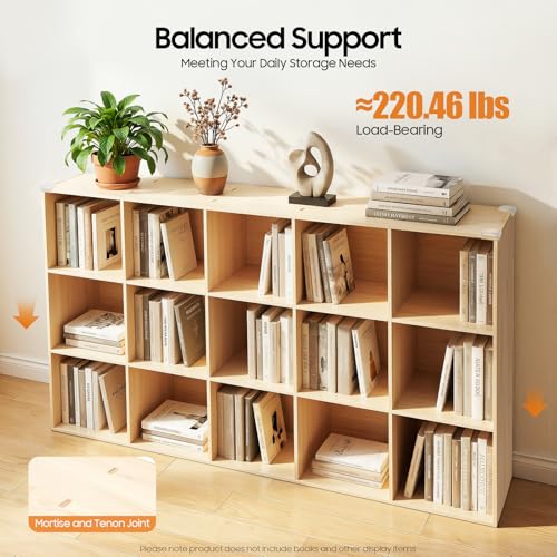 15 Cube Storage Organizer, Solid Wood Bookshelf with Back Panel, Floor Standing Open Bookcase, Vertical or Horizontal Shelf Unit for Living Room Office (59.1" L x 11.8" W x 35.4" H) - size: 15-Cube