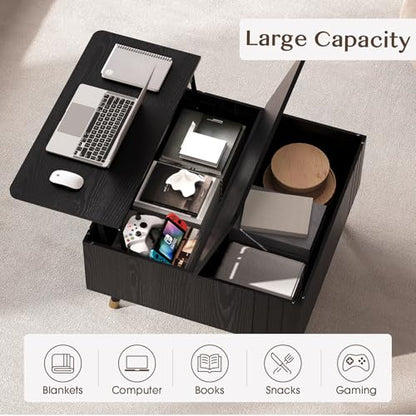 JOINICE Square Lift Top Coffee Table with Storage for Living Room,Black | 32" Multi-functional Pop Up Center Table,Large Hidden Compartments with Solid Wood Legs,Lift to 23",Hold 100lbs,Easy Assembly - color: Black_square