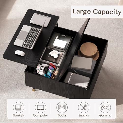 JOINICE Square Lift Top Coffee Table with Storage for Living Room,Black | 32" Multi-functional Pop Up Center Table,Large Hidden Compartments with Solid Wood Legs,Lift to 23",Hold 100lbs,Easy Assembly - color: Black_square