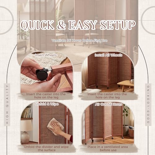 4 Panel Rolling Bamboo Short Room Divider with Wheels, 3.9FT Tall, Movable Folding Privacy Screen, Freestanding Partition for Loft, Apartment, Studio & Home Office, Brown
