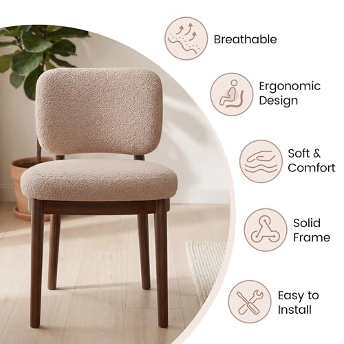 Wooden Dining Chairs Set of 2, Boucle Upholstered Kitchen Chairs with Solid Wood Legs, Mid Century Modern Dining Chairs, Farmhouse Side Chair with Hardwood Frame for Dining Room, Khaki - color: Khaki, size: Set of 2