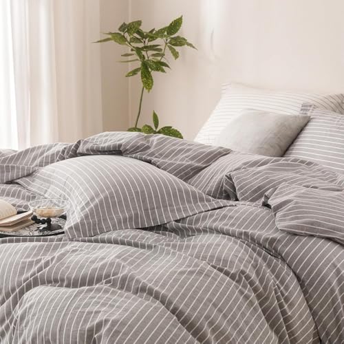 3Pcs Grey White Striped Full Duvet Cover Set Washed Cotton | Linen Feel Striped,1 Duvet Cover & 2 Pillow Shams,Hidden Zipper,Soft Breathable,Lightweight,8 Corner Ties - color: Grey White Stripe-no Comforter, size: Full (90"x80")