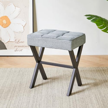 IBUYKE Square Makeup Stool with X-Leg, Linen Vanity Chair, Blue Gray LG-70L | Footrest Ottoman Seat Multi-Use Small Side Table Bedroom Living Room - color: Blue Grey, size: 17.72"-Linen