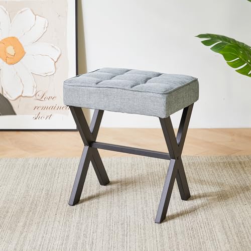 IBUYKE Square Makeup Stool with X-Leg, Linen Vanity Chair, Blue Gray LG-70L | Footrest Ottoman Seat Multi-Use Small Side Table Bedroom Living Room - color: Blue Grey, size: 17.72"-Linen
