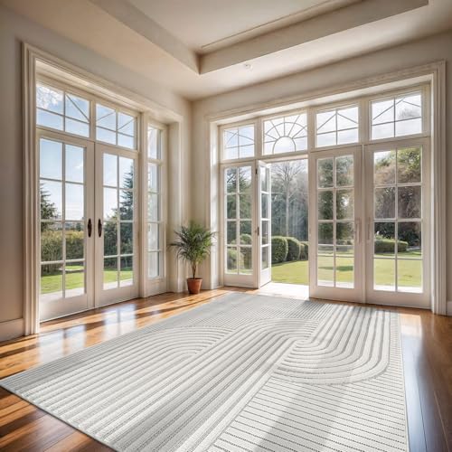 Modern Rug 8x10 Luxury Swirl Curved Micro Loop Area Rugs Soft High-Low Pile Stain Resistant Easy to Clean Non-Shedding Durable Living Room Bedroom Indoor Carpet (White) - color: Curved / White, size: 8' x 10' (Rectangular)