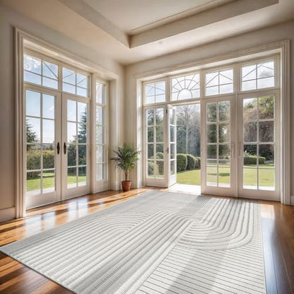 Modern Rug 8x10 Luxury Swirl Curved Micro Loop Area Rugs Soft High-Low Pile Stain Resistant Easy to Clean Non-Shedding Durable Living Room Bedroom Indoor Carpet (White) - color: Curved / White, size: 8' x 10' (Rectangular)