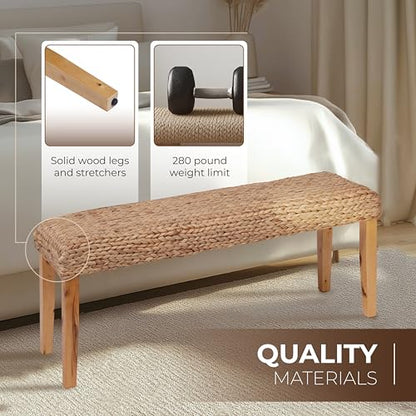 Solid Wood Acacia Indoor Bench, 47 Inch Water Hyacinth Seat, Fishbone Style | Natural Woven Seat, Living Room or Entryway, Bedroom End of Bed or Dining - color: Fishbone - Natural Leg & Water Hyacinth