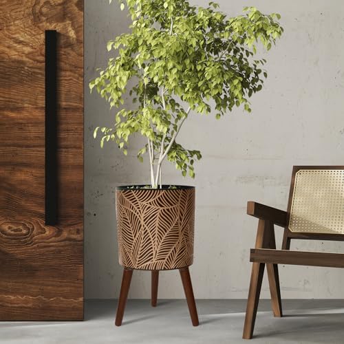 12inch Black Plant Pots for Indoor Plants Large Boho Flower Pot with Stand | Modern Planters with Gold Floral Embossed Standing Planter with Drainage for Living Room, Office, Garden or Balcony - color: White and Gold Leaf, size: 12 Inches