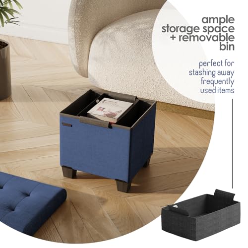 Storage Ottoman Cube with Small Bin, 15-in Square Ottoman with Storage for Living Room and Bedroom, Small Ottomans Foot Rest, Fabric Foot Stools Ottomans Max 330lbs, Blue - color: 05 - Blue