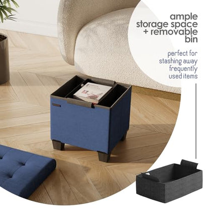 Storage Ottoman Cube with Small Bin, 15-in Square Ottoman with Storage for Living Room and Bedroom, Small Ottomans Foot Rest, Fabric Foot Stools Ottomans Max 330lbs, Blue - color: 05 - Blue