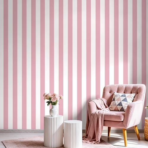 Pink and White Striped Peel and Stick Wallpaper 17.3"x1200" | Pink Striped Wallpaper Waterproof Contact Paper Modern Removable Self-Adhesive Vinyl Wall Paper for Bedroom Bathroom Nursery - color: Pink, size: 17.3" x 1200"