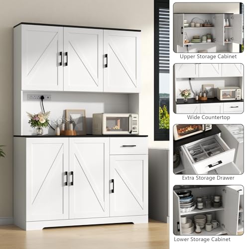 Gyfimoie 71’’ Farmhouse Kitchen Pantry Cabinet, Tall Storage Cabinet with Power Outlet, Freestanding Hutch with Drawer, 4 Adjustable Shelf & 6 Doors for Kitchen Living Room (White) - color: White