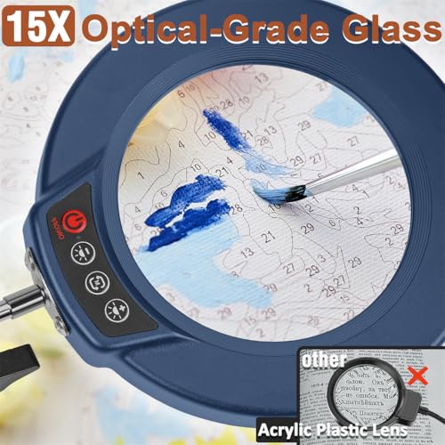 LANCOSC 15X Magnifying Glass with Light and Stand, 3-in-1 Adjustable Swing Floor Lamp, 5 Color Modes Stepless Dimmable, LED Lighted Hands Free Magnifier & Clamp for Reading, Crafts, Painting - Blue - color: Blue
