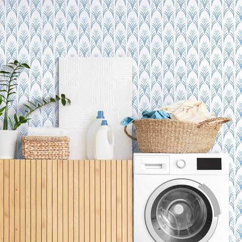 Blue White Geometric Peel and Stick Wallpaper Removable Abstract Vertical Striped Wallpaper Prepasted Boho Geometric Wall Mural 17.7"x160" Waterproof Blue Contact Paper for Bathroom Nursery