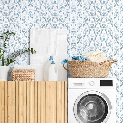 Blue White Geometric Peel and Stick Wallpaper Removable Abstract Vertical Striped Wallpaper Prepasted Boho Geometric Wall Mural 17.7"x160" Waterproof Blue Contact Paper for Bathroom Nursery