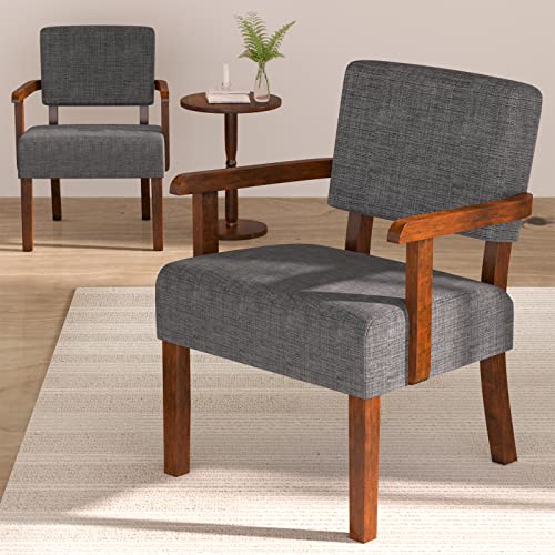 Accent Chairs Set of 2, 2 Solid Wood Armchairs with Side Table | Living Room Chairs with Soft Thicken Cushion, Comfy Reading Chair for Bedroom, Waiting Room, Home Office, Easy Assembly - color: Linen Gray, size: Set of 2 with table