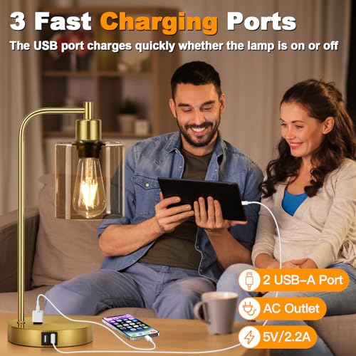 Set of 2 Industrial Touch Control Table Lamps with 2 USB Ports and AC Outlet - 3-Way Dimmable Gold Bedside Lamp Nightstand Desk Lamps for Bedroom Living Room, Amber Glass Shade & 2 LED Bulbs Included - color: Gold(2 pack)-Amber Glass-Touch Control