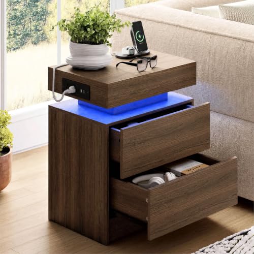 LIKIMIO Nightstand with Charging Station LED Light and 2 Drawers,Walnut | charging station; LED light; 2 smooth glide drawers; Walnut wood grain - color: Walnut