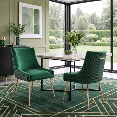 WUTUTUEE Velvet Dining Chairs Set of 2 Gold Legs,Upholstered Velvet Accent Chairs, Pleated Back Design & Gold Pull Handle, Mid Century Modern Chairs for Dining/Kitchen/Living Room,Green - color: Green, size: Set of 2