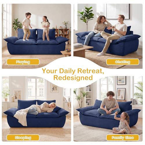 56" Boneless Loveseat, 2-Seater Boneless Sofa with Removable Cushions & 2 Pillows, Small Deep Seat Boneless Couch Compress Foam Sofa for Living Room, Apartments, & Office (Blue, Loveseat) - color: Blue, size: Loveseat（56")