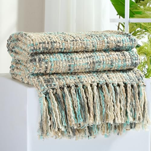 Multi-Color Cable Woven Throw Blanket for Couch - 50"X60" | Multicolored Boho Style,Super Soft Warm Cozy Chunky Blankets with Decorative Tassels for Bed and Sofa,Blue Grey - color: Multi-color Blue Grey, size: 50"x60"