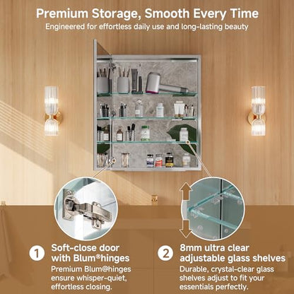 24" x 30" Bathroom Medicine Cabinet with Mirror, Recessed or Wall Mount | Medicine Cabinets with Adjustable Glass Shelves, Soft-Closed Hinge, Chrome Aluminum Frame, Reverse Installation - size: 24" x 30"